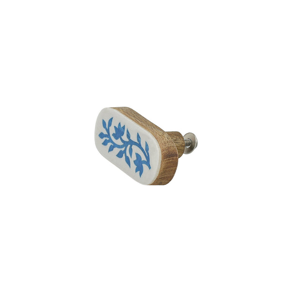 White & Blue Floral Inlay Cabinet Knob – Oval Resin & Wood Drawer Knob