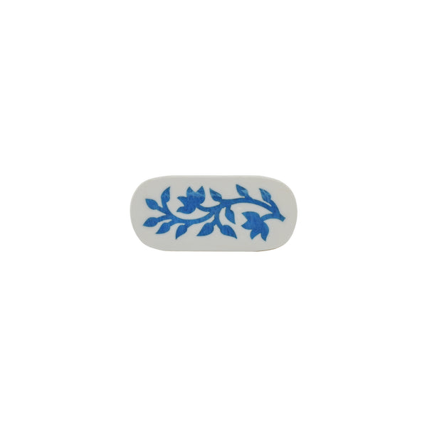 White & Blue Floral Inlay Cabinet Knob – Oval Resin & Wood Drawer Knob