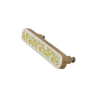 White & Mustard Yellow floral inlay long cabinet pull – angled view showing wood back and fixing bolt