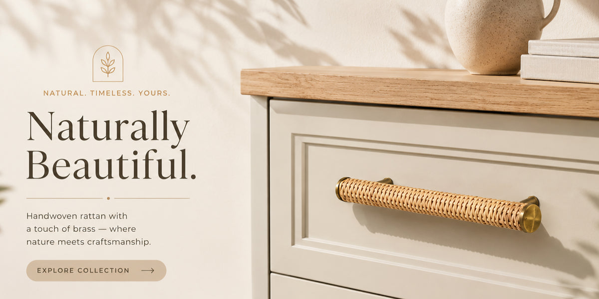 Handwoven rattan handles with brass detail — naturally beautiful