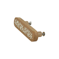 Caramel & Ivory floral inlay long cabinet pull – angled view showing wood back and fixing bolt