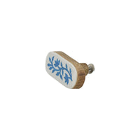 White & Blue floral inlay oval cabinet knob – angled view showing wood back and fixing bolt