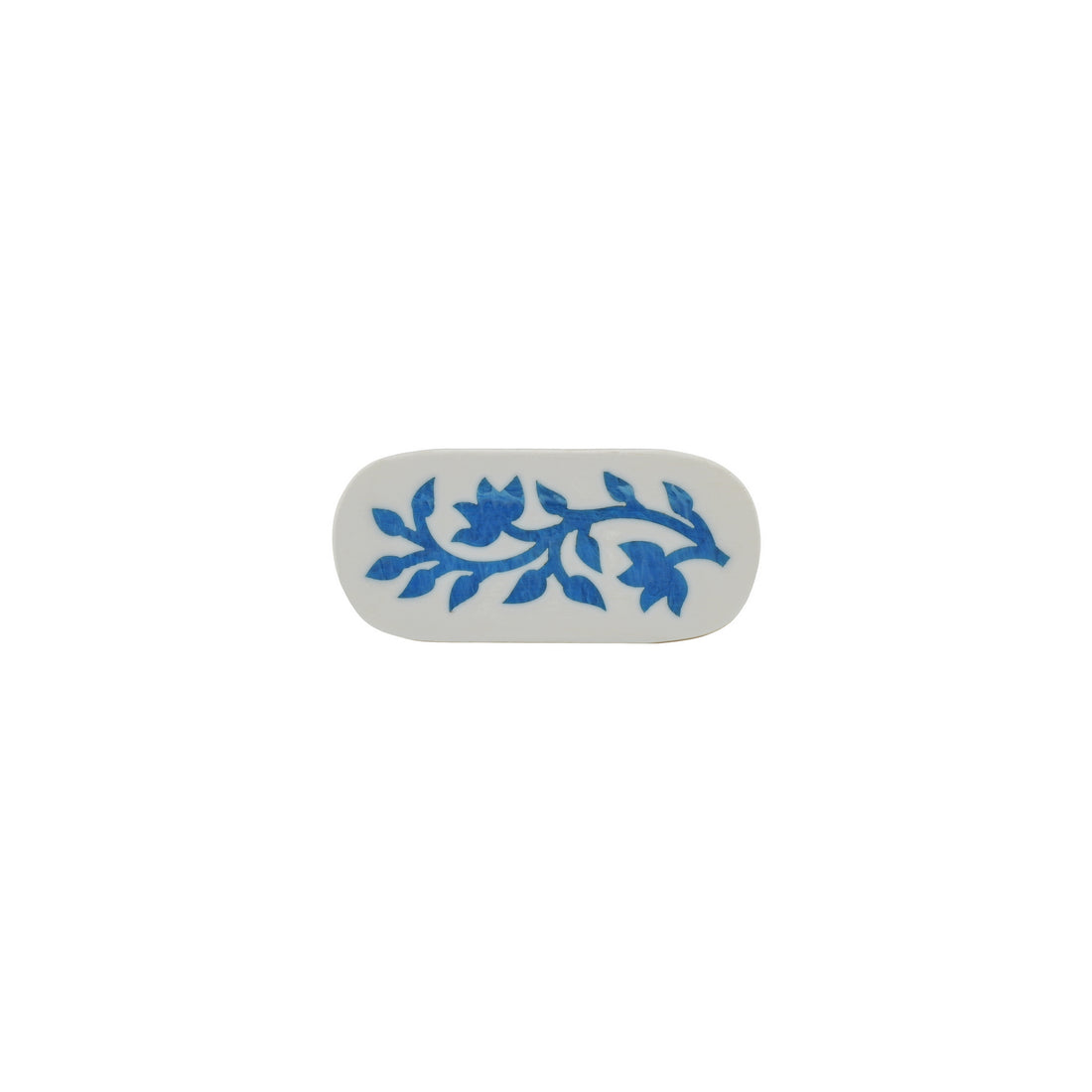 White & Blue Floral Inlay Cabinet Knob – Oval Resin & Wood Drawer Knob