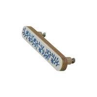 White & Blue floral inlay long cabinet pull – angled view showing wood back and fixing bolt