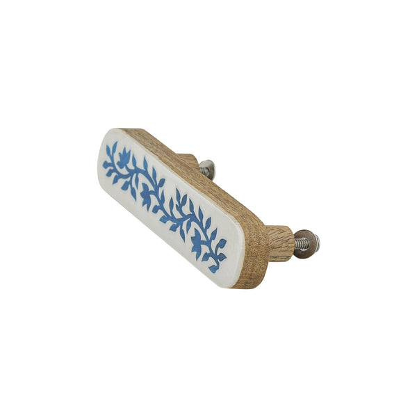 White & Blue Floral Inlay Cabinet Pull – Resin & Wood Drawer Handle