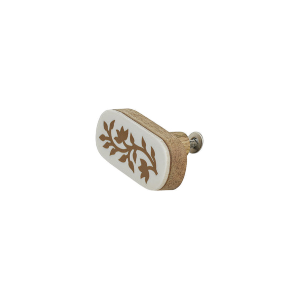 White & Brown Floral Inlay Cabinet Knob – Oval Resin & Wood Drawer Knob