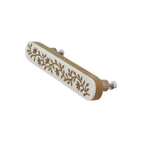 White & Brown floral inlay long cabinet pull – angled view showing wood back and fixing bolt