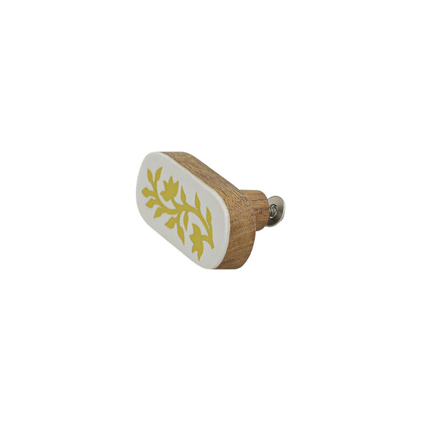 White & Mustard Yellow Floral Inlay Cabinet Knob – Oval Resin & Wood Drawer Knob