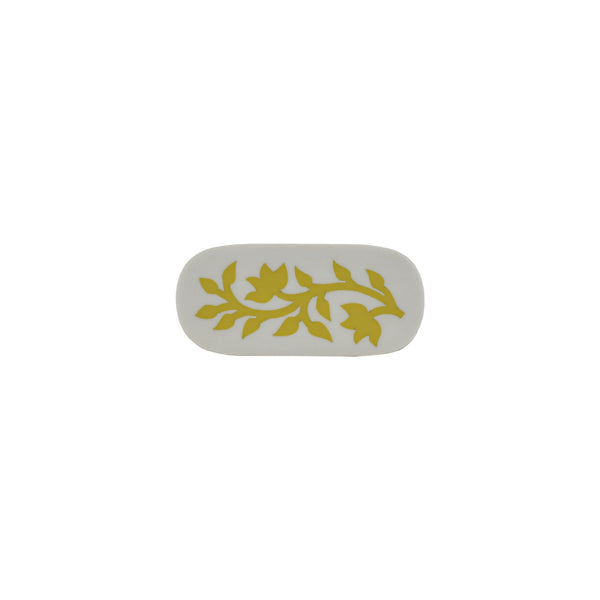 White & Mustard Yellow Floral Inlay Cabinet Knob – Oval Resin & Wood Drawer Knob